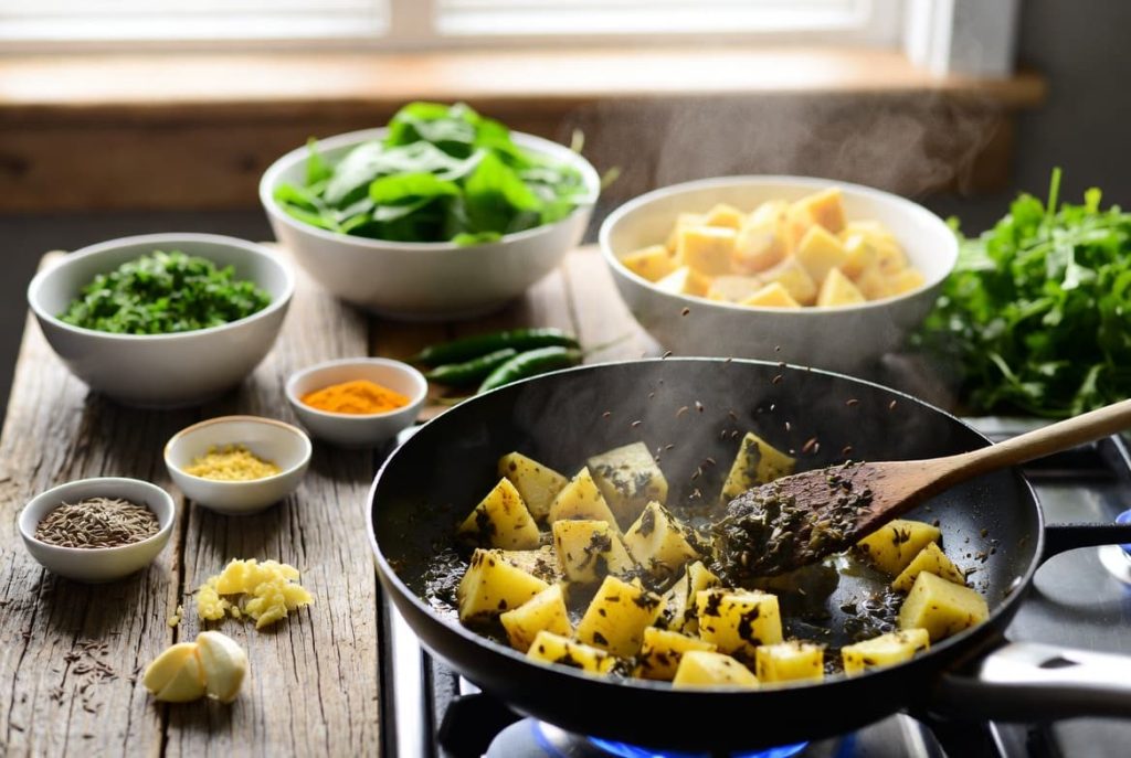 Madhur Jaffrey Saag Aloo prepration